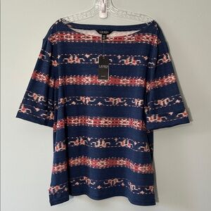 Lauren Ralph Lauren 3X Top Judy Elbow Sleeve Boatneck Stretch Cotton tribal NWT